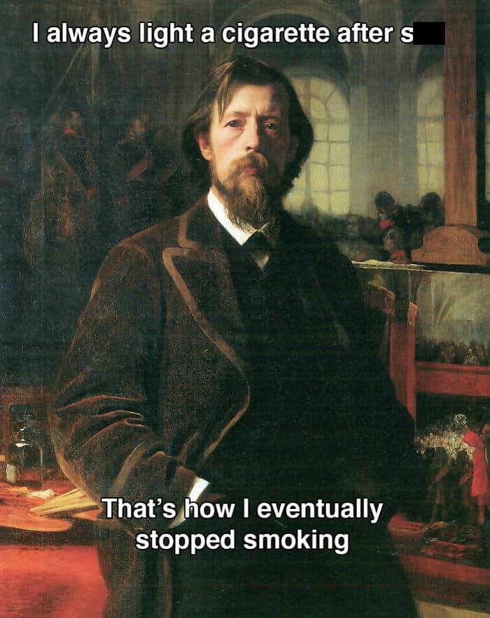 Painting of a man with a beard, sitting in a room with a window, with text about smoking.