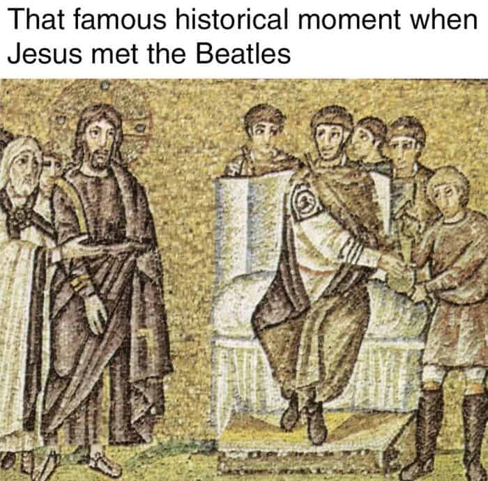 Famous historical moment with Jesus meeting the Beatles, depicted in a mosaic.