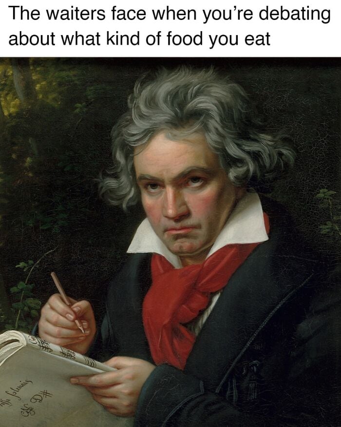 Painting of Beethoven with text about waiters and food debate.