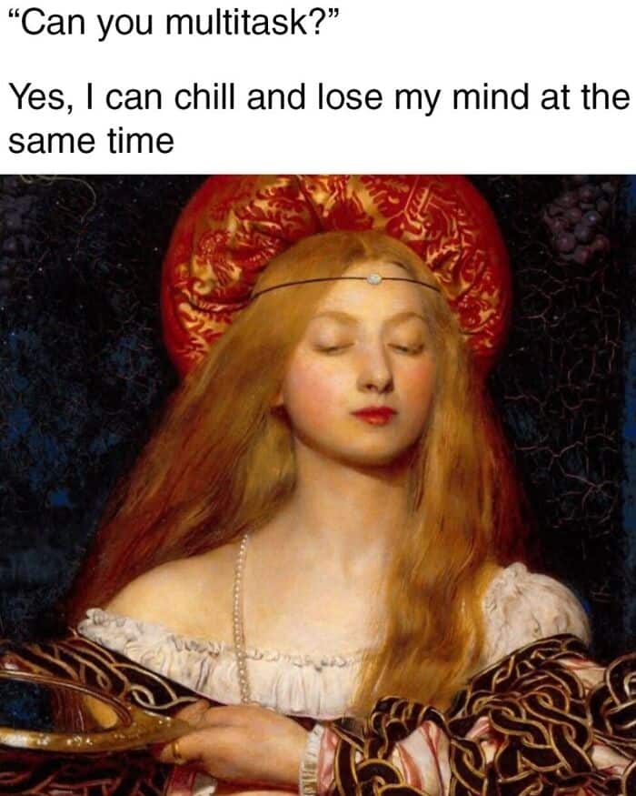 Classical painting of a woman with long red hair, closed eyes, and a serene expression.