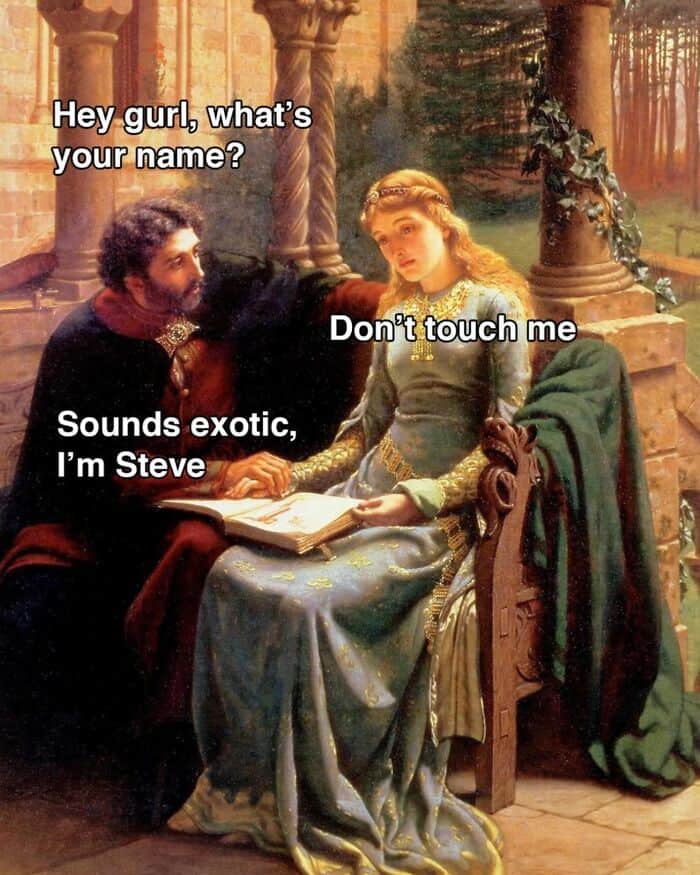 Medieval-style painting of a man asking a woman her name, she responds 'Don't touch me', with speech.