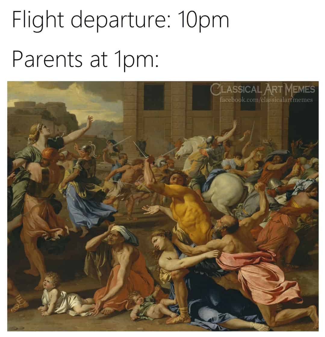Classical art meme with text about flight departure and parents at 1pm.