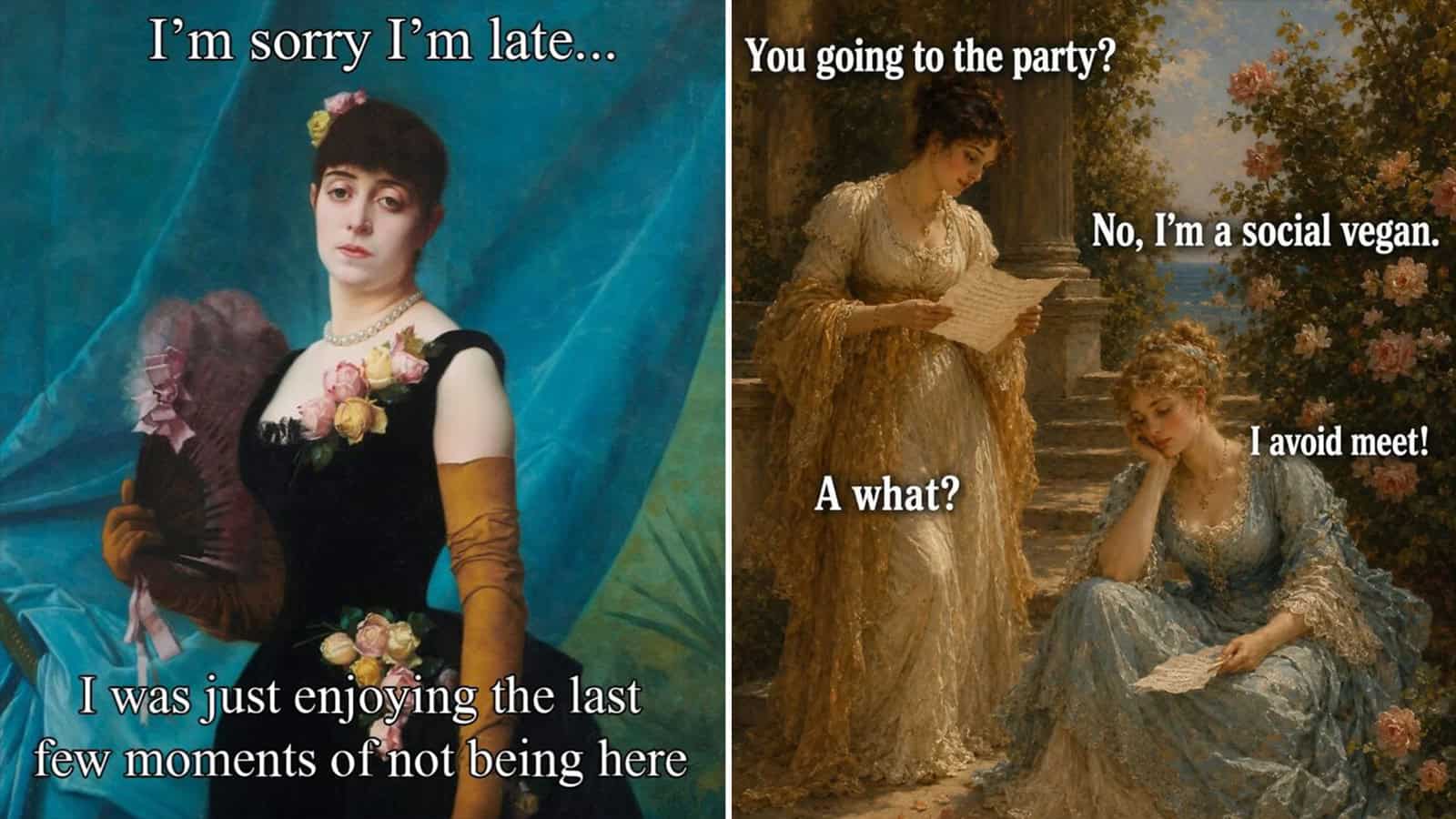 Classical painting meme with modern text about social events and veganism.