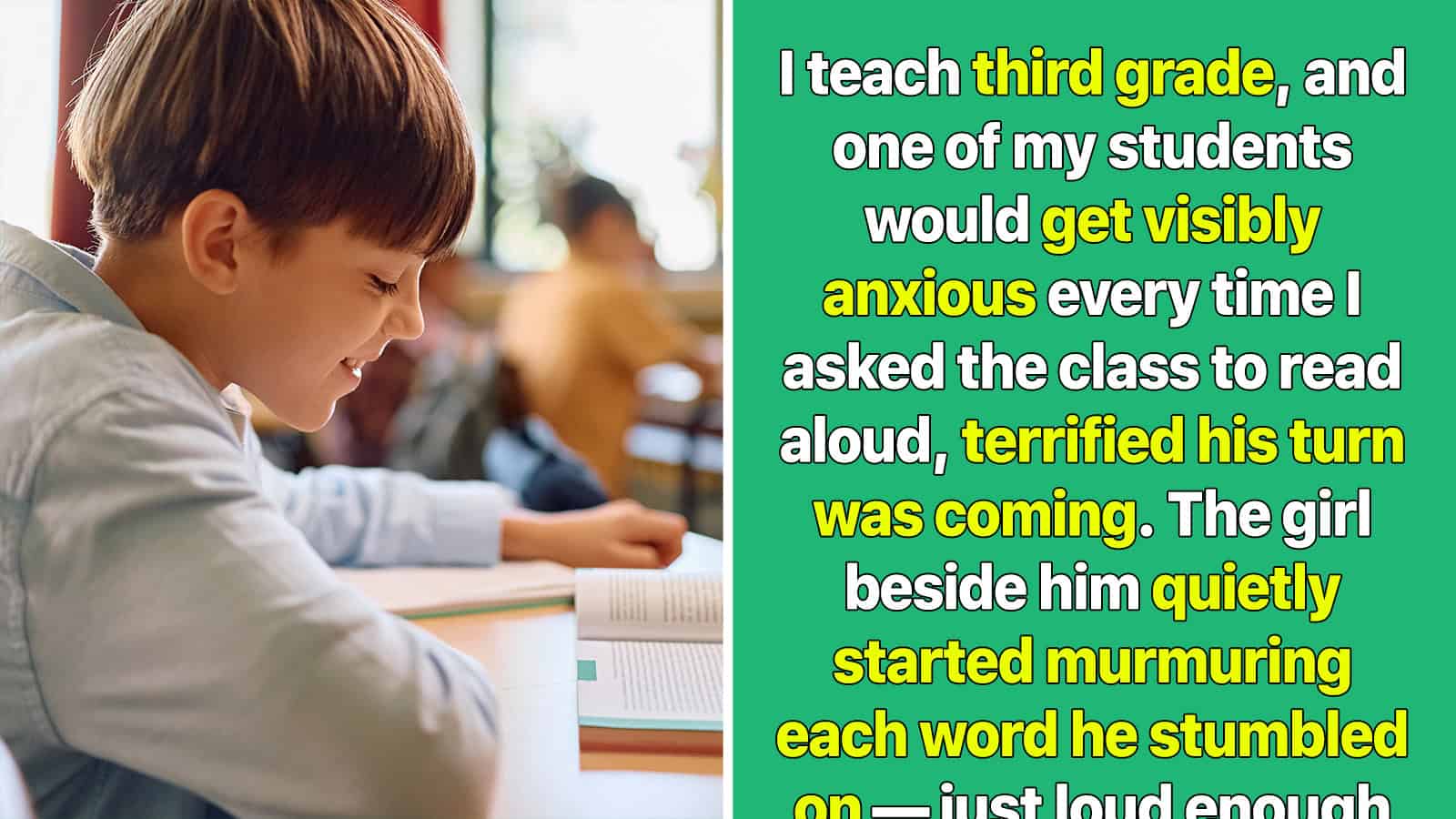 A boy in a classroom looks at his book, with a girl beside him quietly murmuring.