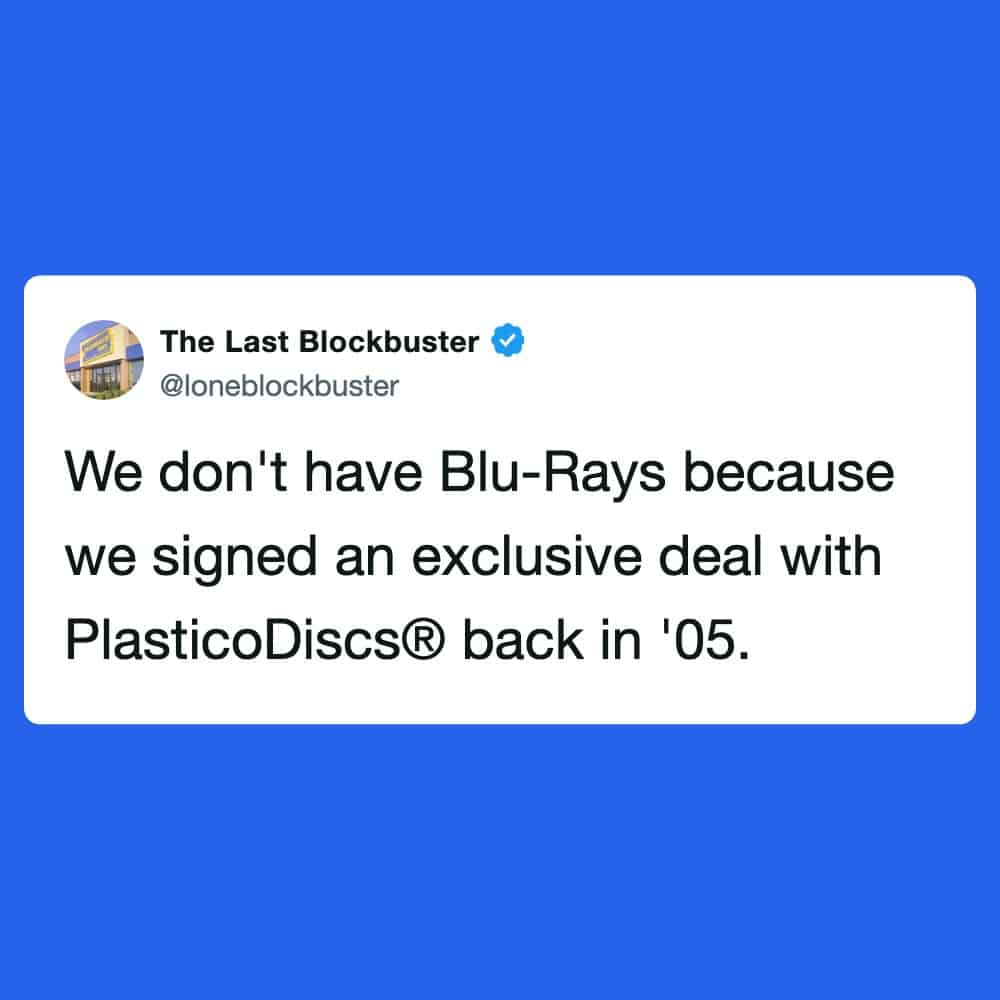 "Tweet from The Last Blockbuster about not having Blu-Rays due to an exclusive deal with PlasticoDis.