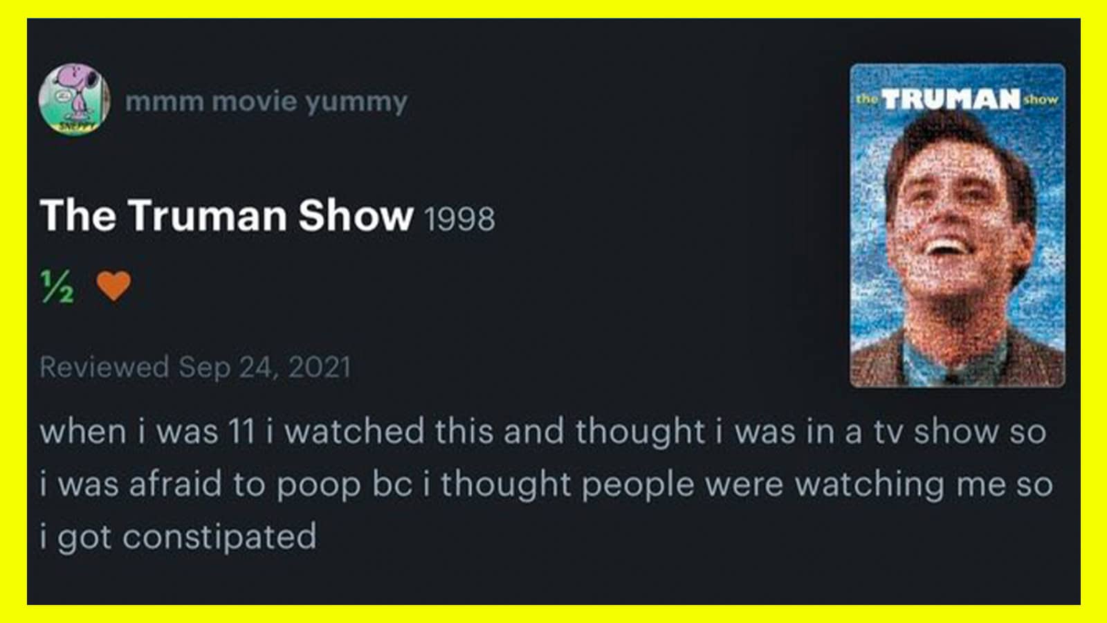 The Truman Show 1998 review with a half star, heart, and text about watching at age 11.