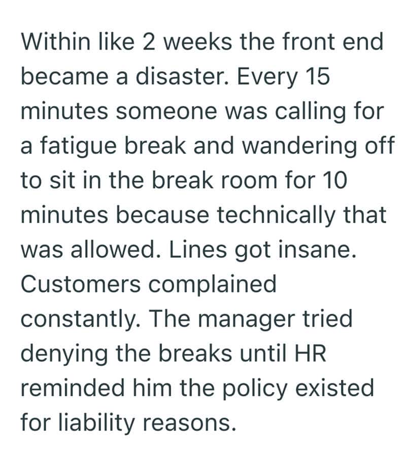 Front end became a disaster within 2 weeks, calls for fatigue breaks every 15 mins.