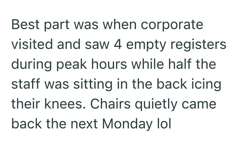 "Corporate visit with empty registers and staff sitting on the floor during peak hours".