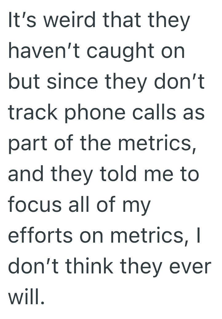 "Text about tracking phone calls and focusing on metrics instead of catching calls".
