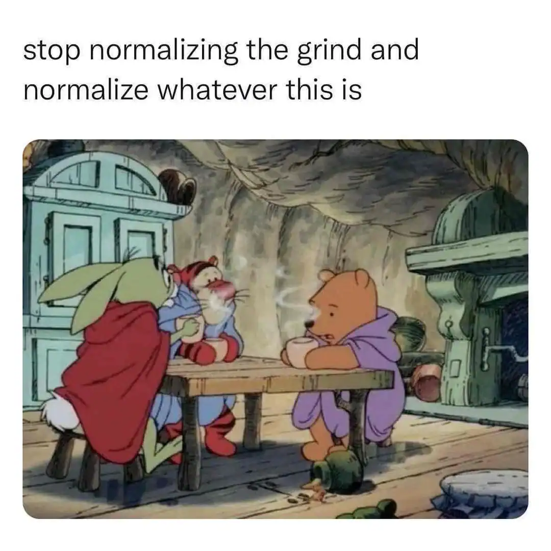 Winnie the Pooh and Tigger sitting at a table in a cave with a humorous caption.