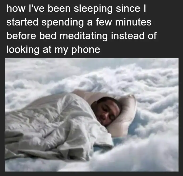 Relaxed man sleeping on clouds, meditating before bed instead of looking at phone.