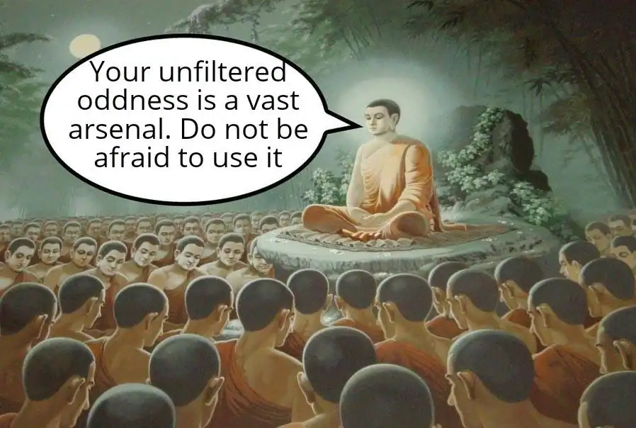 Unfiltered oddness as a vast arsenal, Buddha teaches monks in a forest setting.
