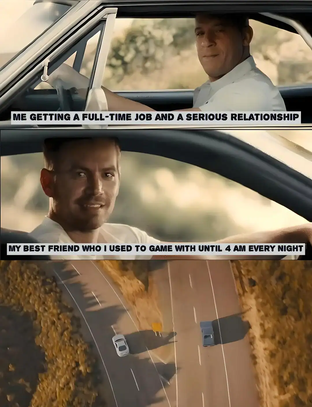 Man driving car with text overlay about job and relationship, and friend playing game.