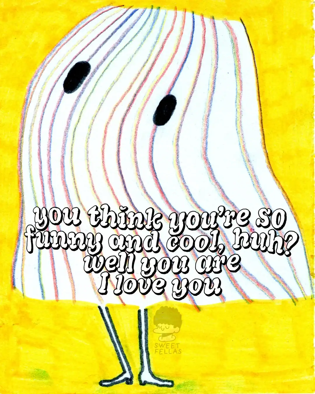 A colorful, striped ghost with black eyes on a yellow background, with text overlay.