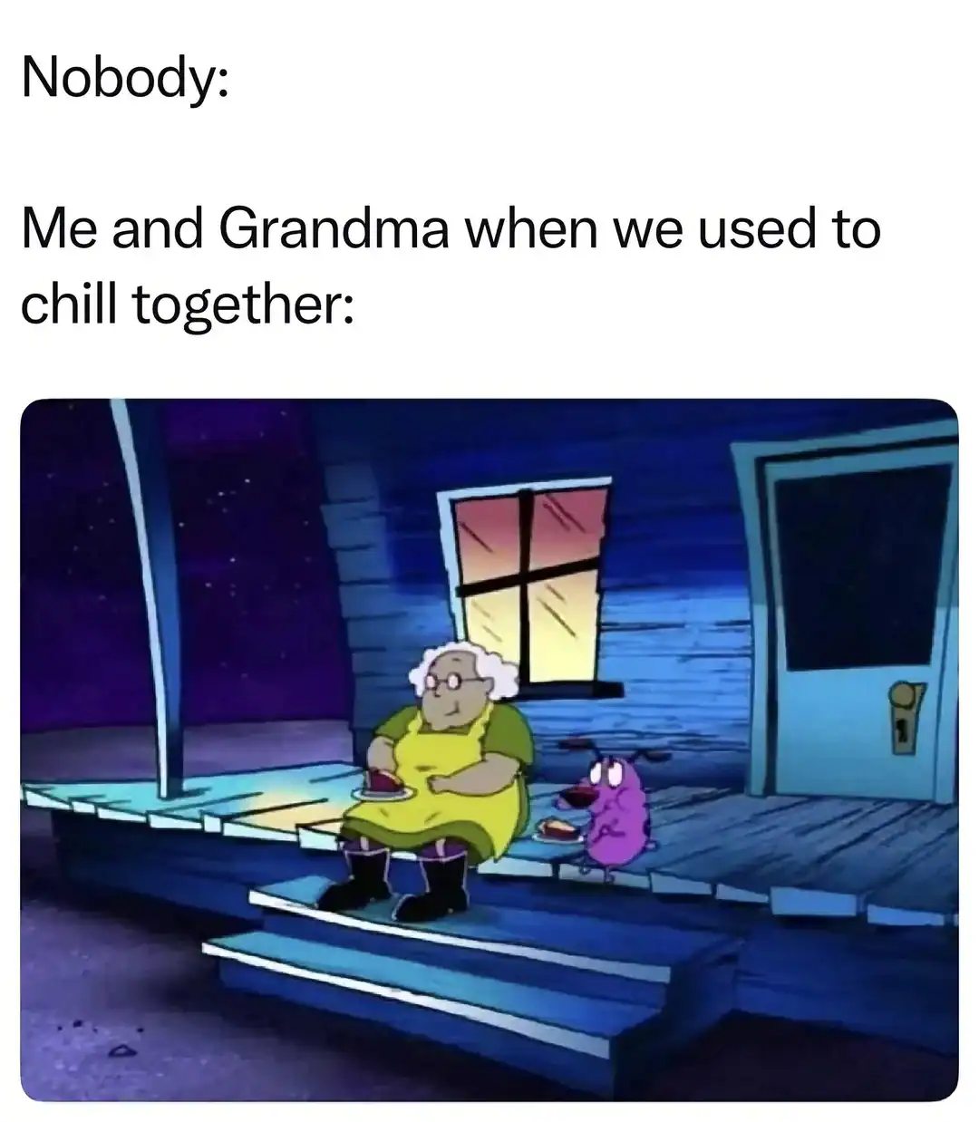 Relaxing night scene with Grandma and a purple creature sitting on the porch.