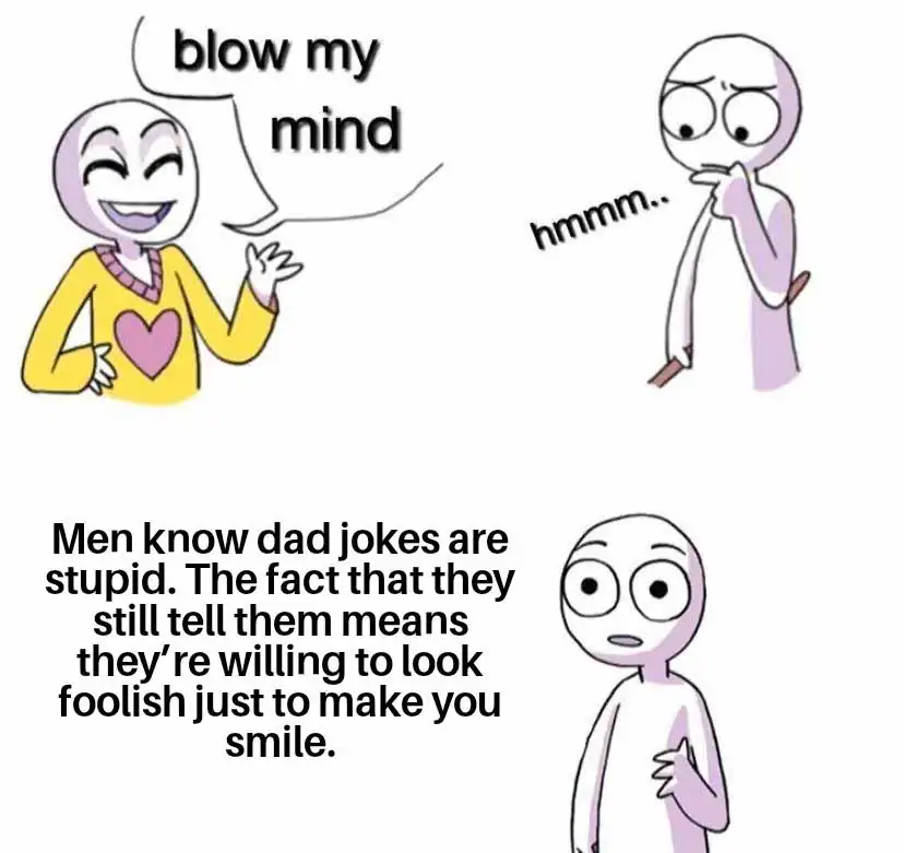 "Blow my mind" speech bubble with a smiling character wearing a yellow sweater with a pink heart.