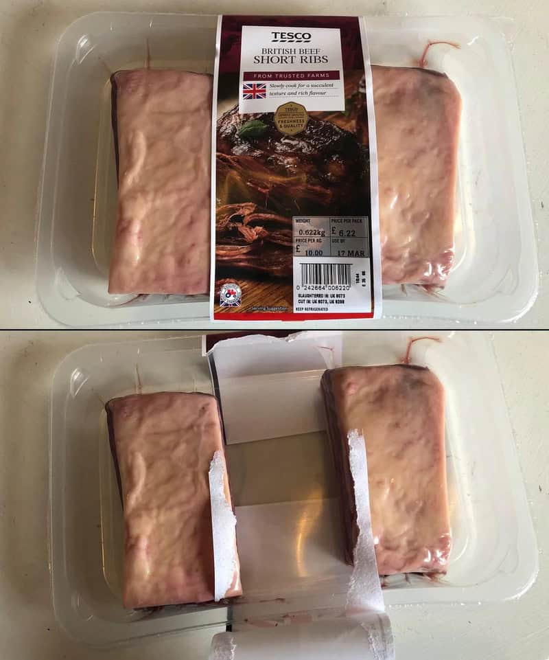 Short beef short ribs in plastic packaging with label, two packages shown.