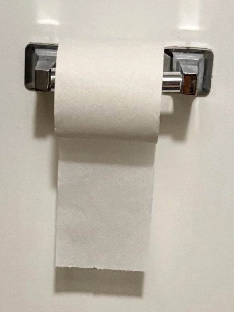 A toilet paper roll on a wall-mounted holder with a partially unrolled sheet.