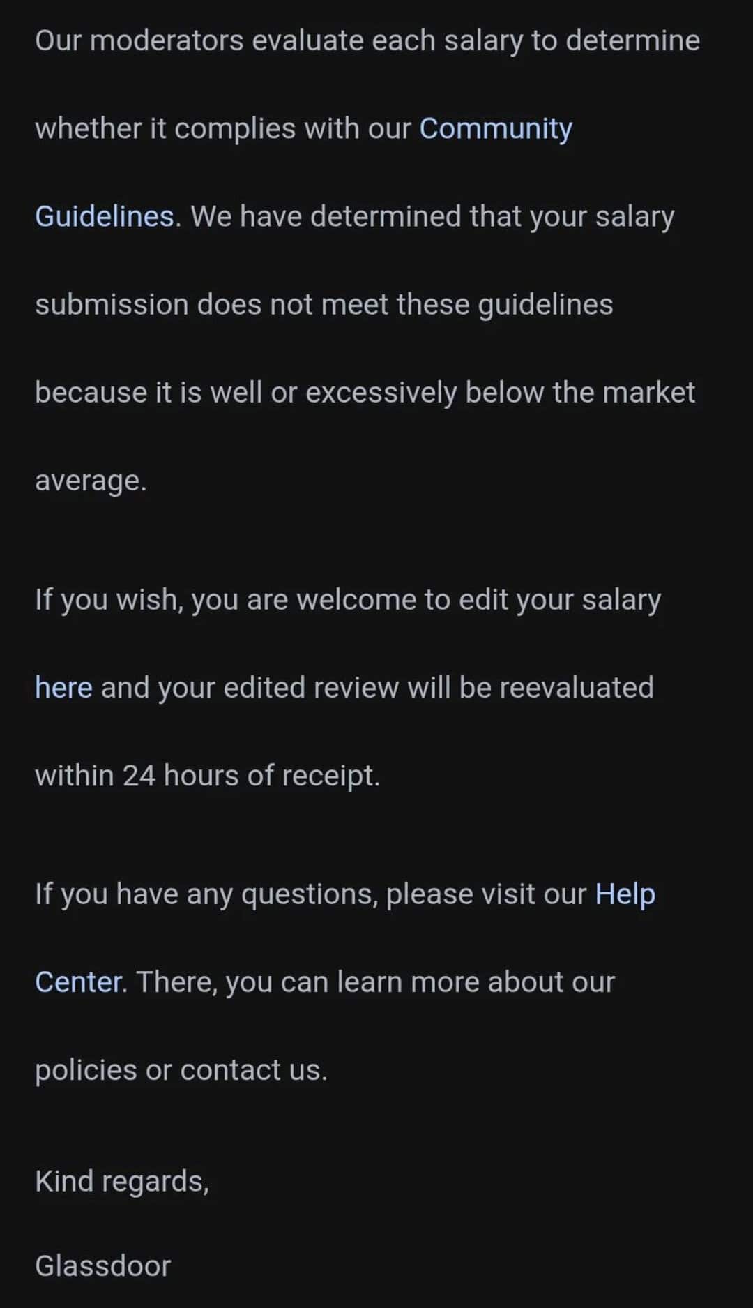 Salary review notice about community guidelines and salary submission.