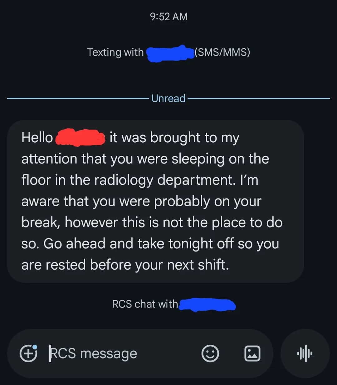 Text message informing someone they were sleeping on the floor in the radiology department.