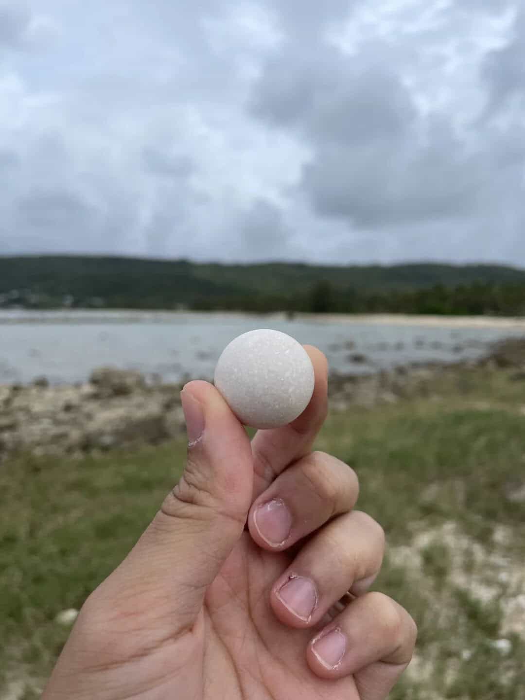 Person holding a white round object near a river with cloudy sky.