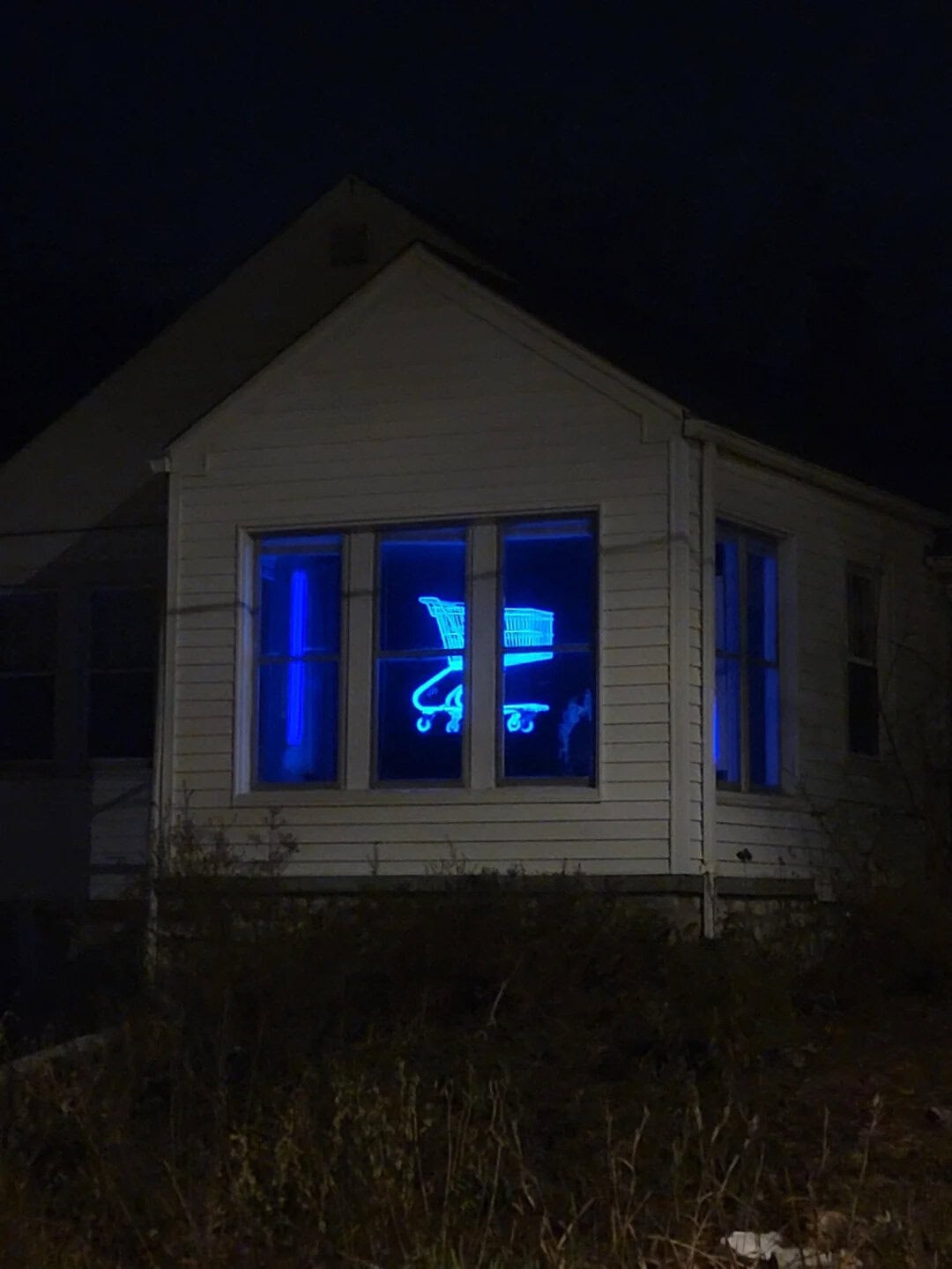 Blue neon sign of a whale in a window of a white house at night.