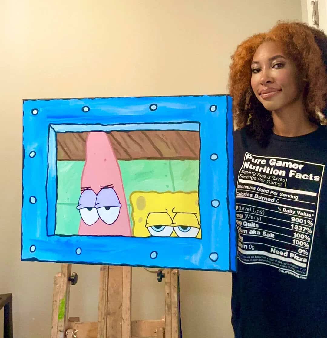 Patrick Star and SpongeBob SquarePants are looking through a window in a painted cardboard box.