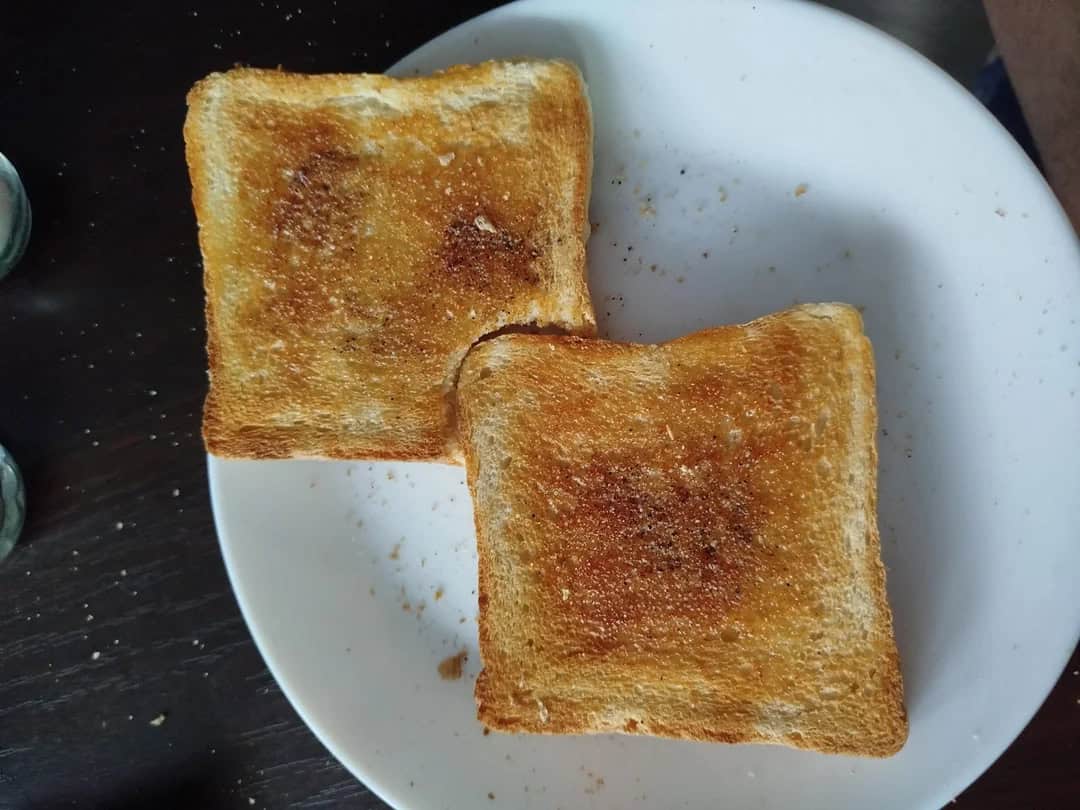 Toasted bread slices on a white plate.
