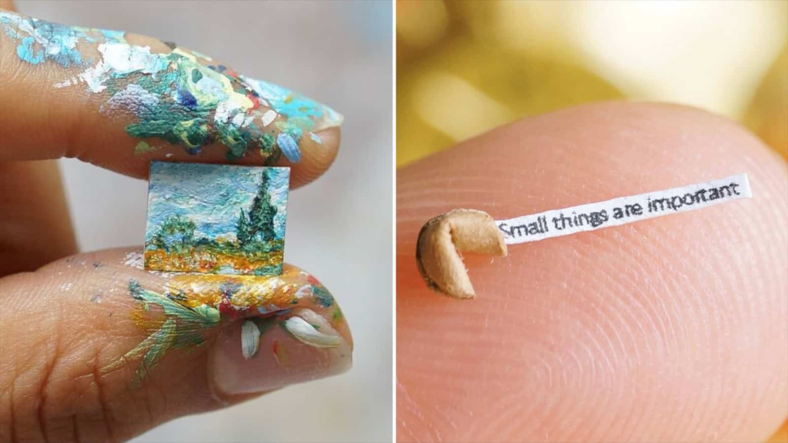 Miniature landscape painting and a tiny paper strip with text on a finger.