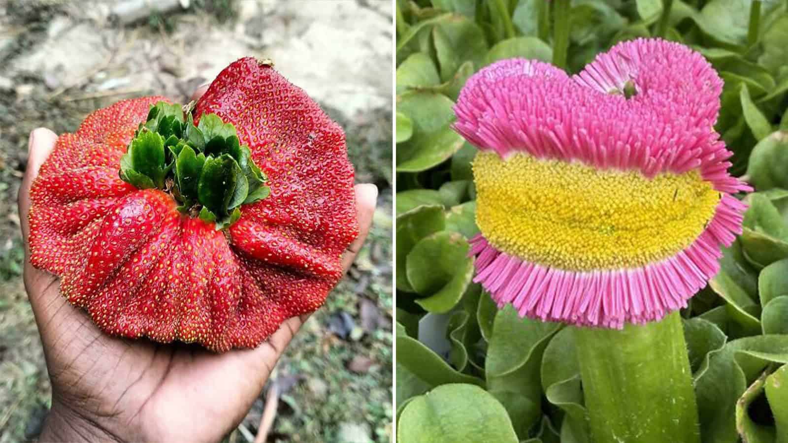 Strawberry with unusual shape and texture, resembling a heart.