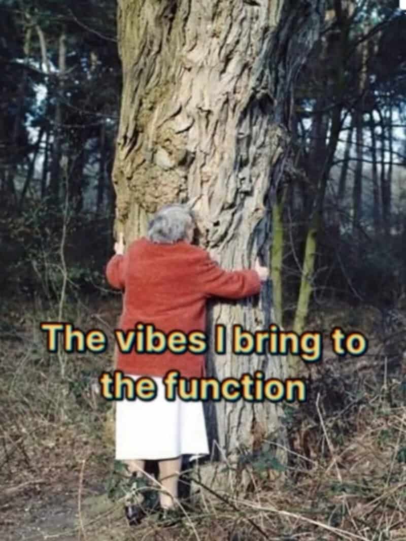 Elderly woman hugging a tree in a forest with text: The vibes I bring to the function.