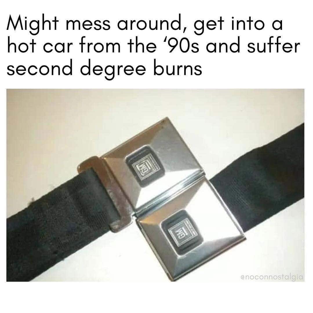 Two vintage 90s car key fobs attached to a black belt, with text about messing around with old cars.