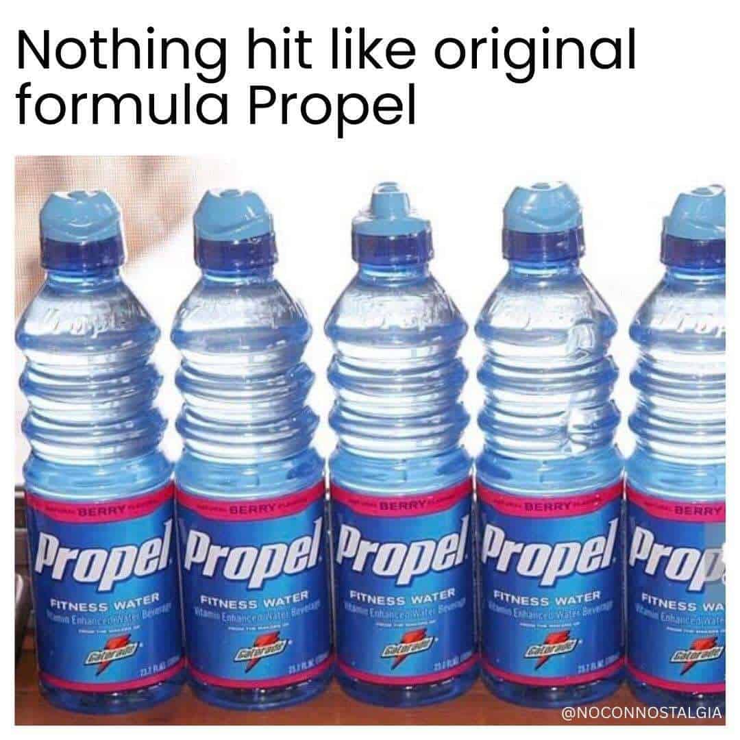 Five Propel fitness water bottles with blue caps and labels, captioned "Nothing hit like original".