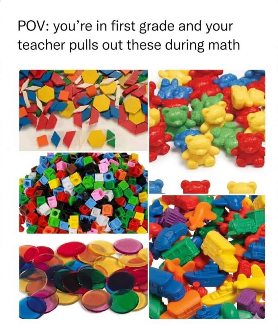 Colorful geometric and gummy bear toys with a math joke about first grade.