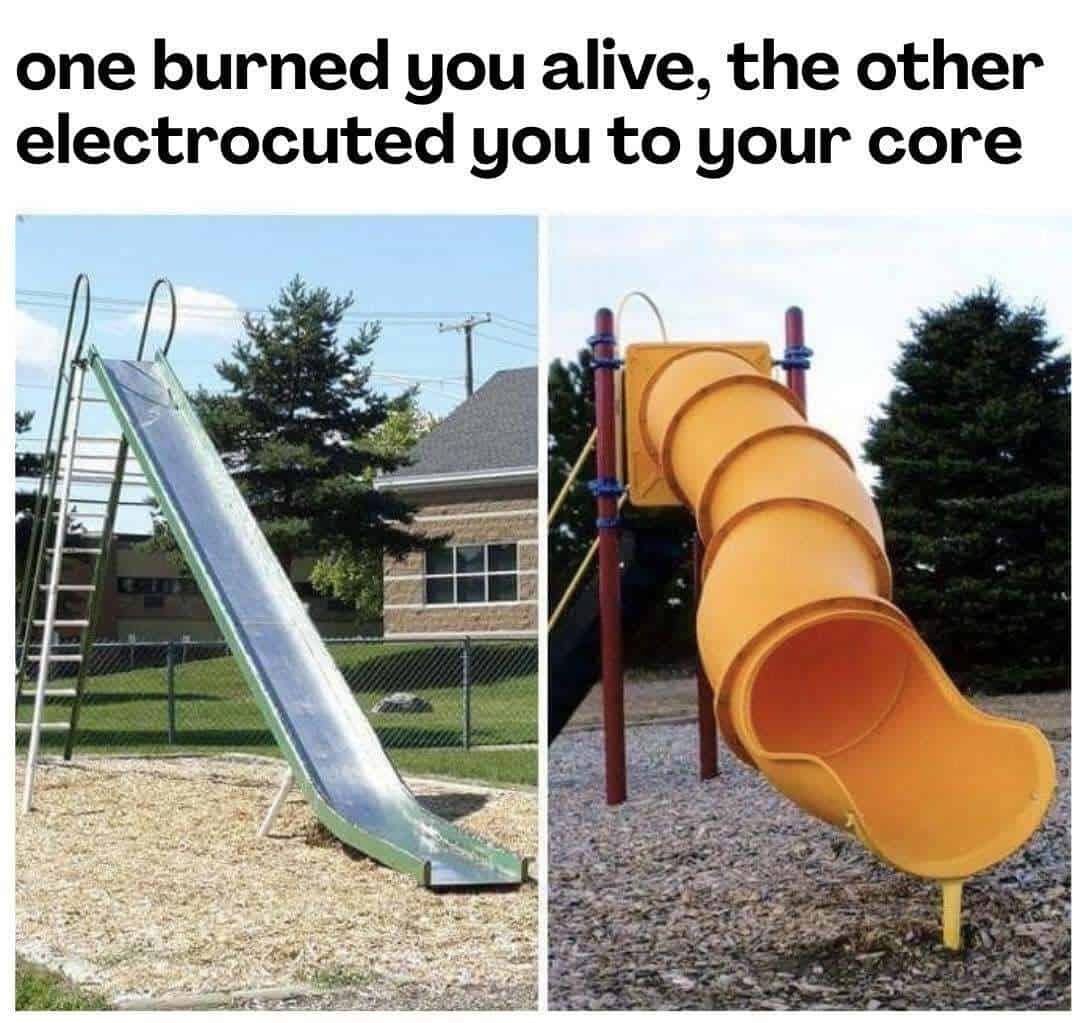 Comparison of a burnt slide and an intact yellow slide with the caption about electrocution.