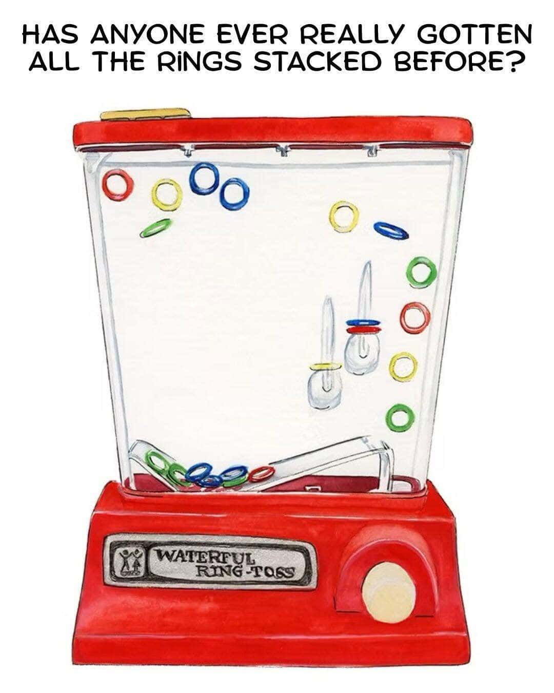 Waterful ring toss game with colorful rings and two bottles inside a clear box.