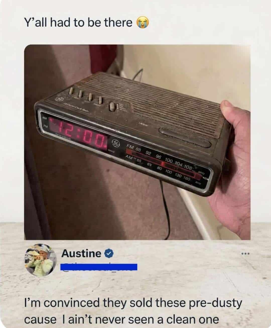 Old digital alarm clock showing 12:00, held in hand, with a caption about pre-dusty clocks.