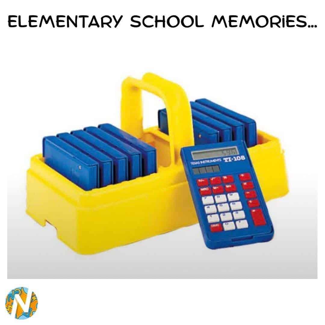 Elementary school memories with a yellow and blue toy calculator and blocks.