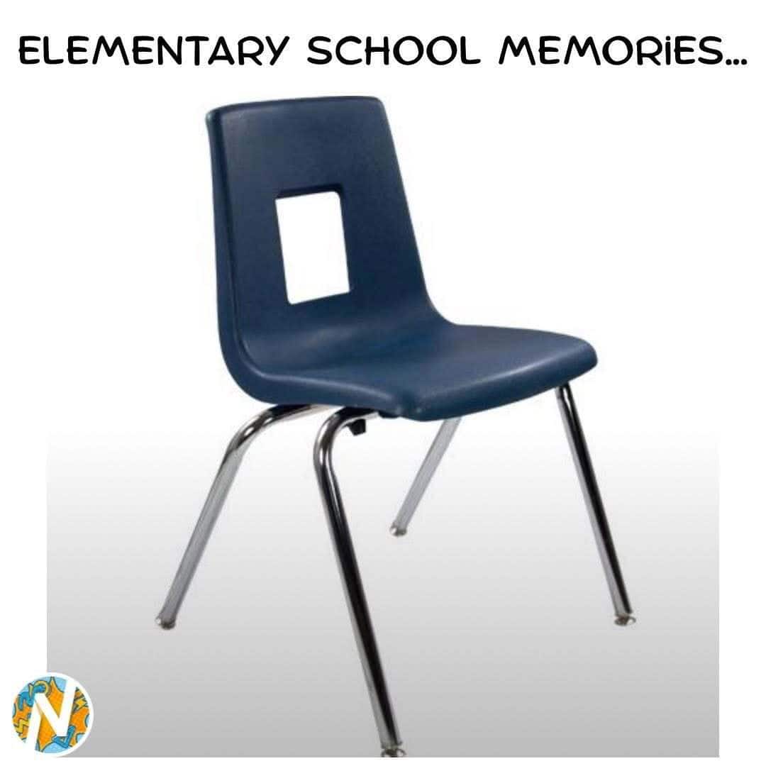 Blue school chair with a square cutout in the backrest, on a white background.