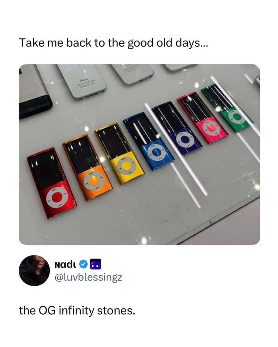 Colorful OG infinity stones with a quote about nostalgia.