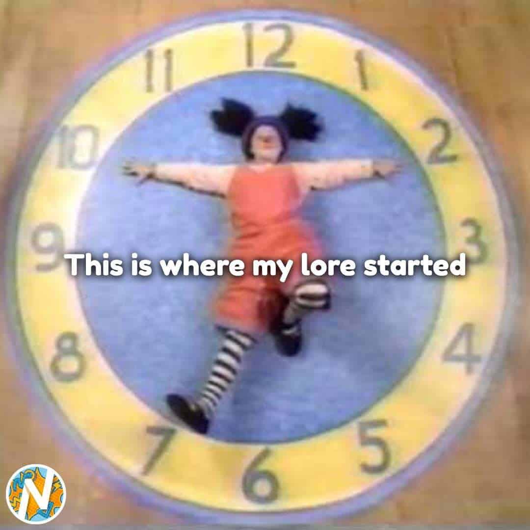 Child lying on a clock with the text "This is where my lore started".
