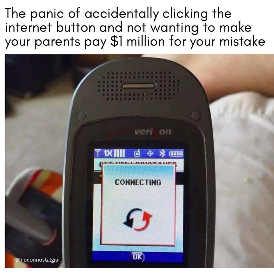 A Verion flip phone with a 'Connecting' message on screen, showing a red and blue arrow icon.
