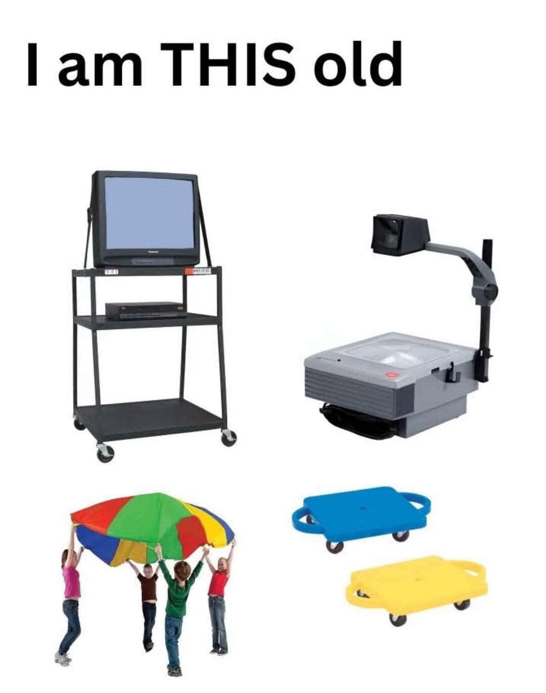 CRT TV, slide projector, children with umbrella, and wheeled suitcases.