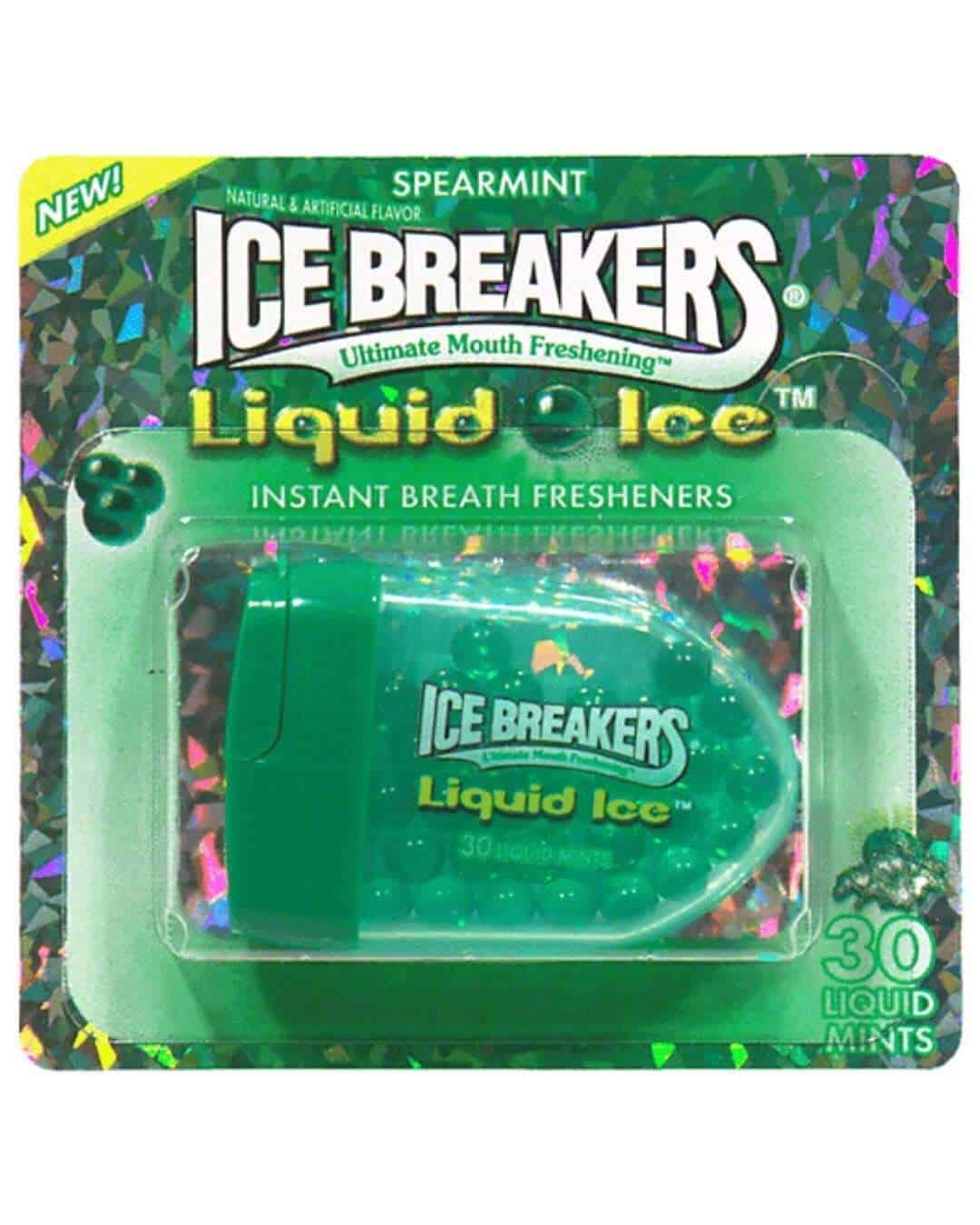 Ice Breakers Liquid Ice spearmint flavor, 30 mints, instant breath freshener.