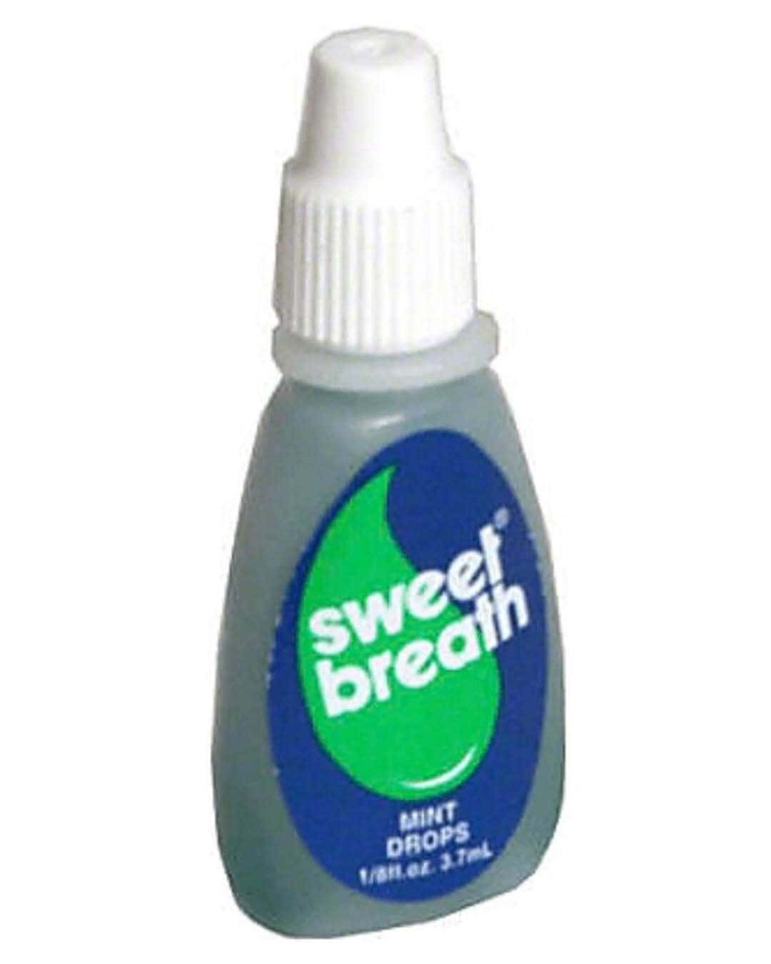Sweet Breath Mint Drops bottle with white cap and blue-green label.