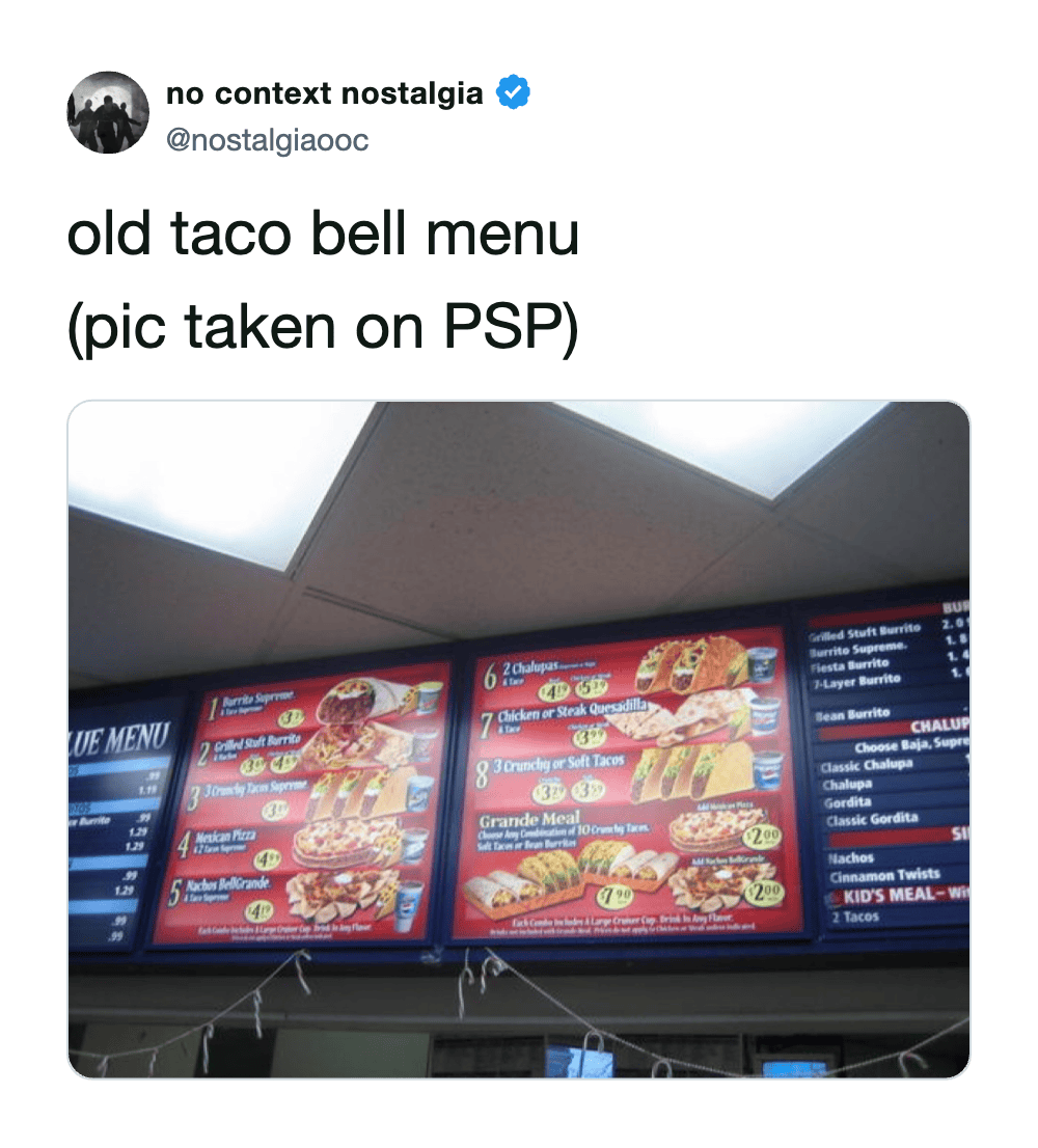 Old Taco Bell menu board with various food options and prices.