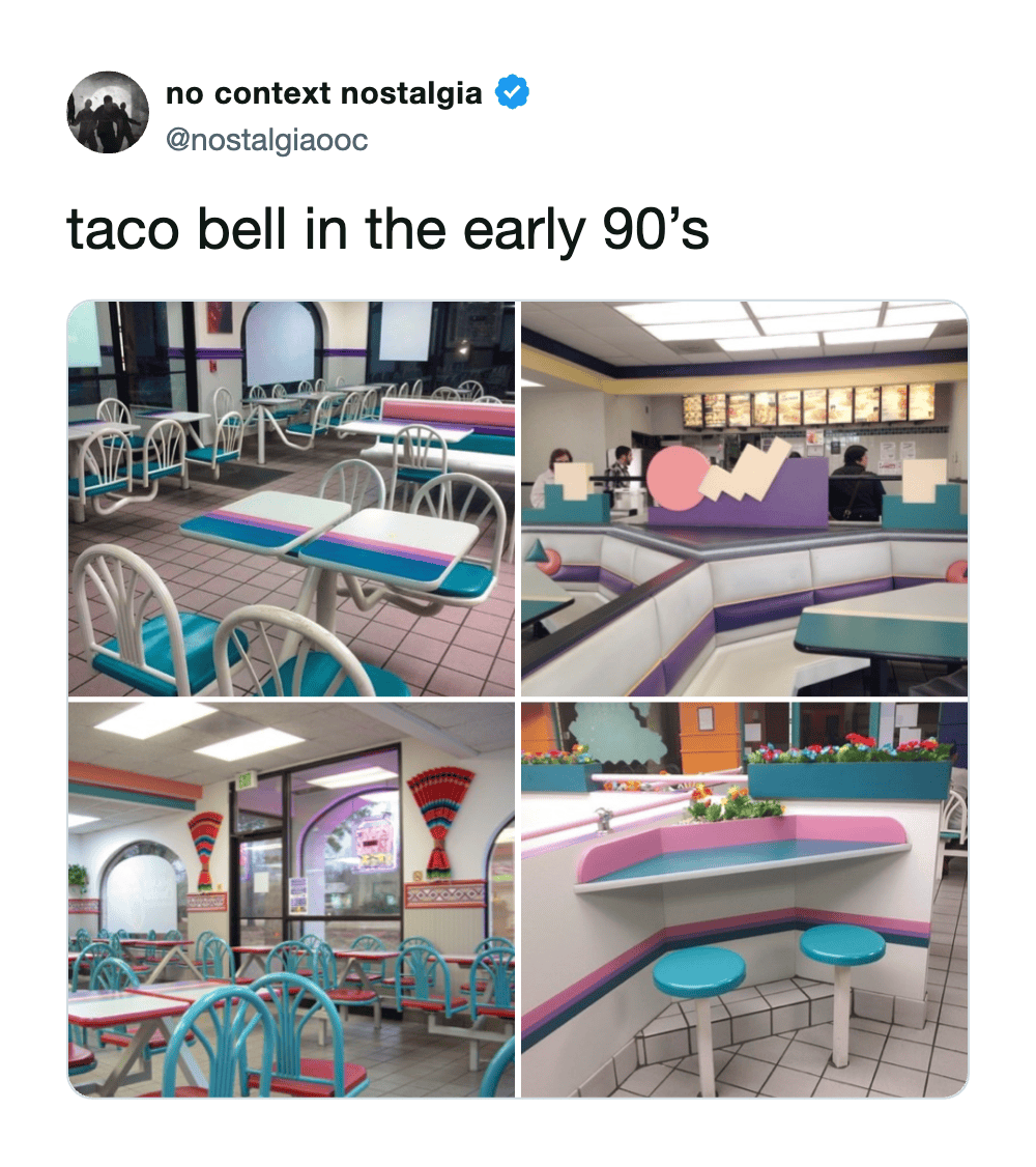 Taco Bell in the early 90s with colorful seating and decor.