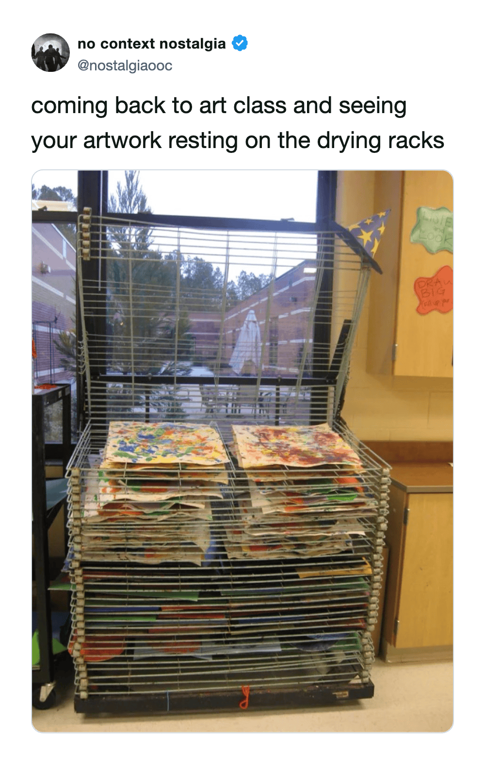 Coming back to art class and seeing artwork resting on drying racks.
