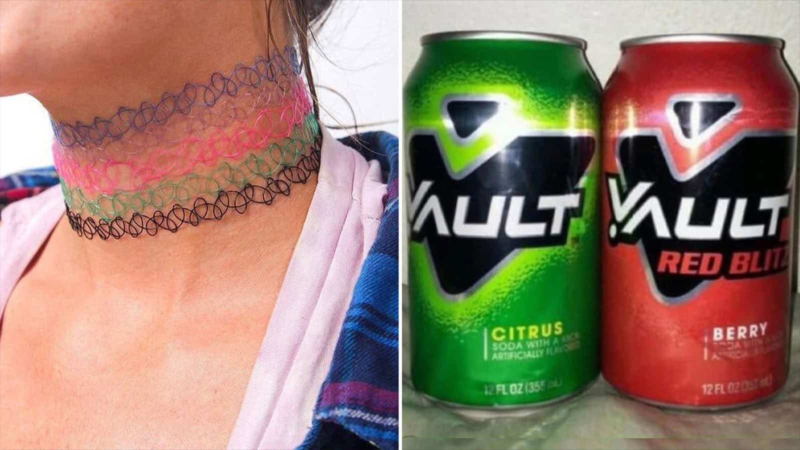 Colorful layered choker necklaces on a person's neck with two soda cans in the background.