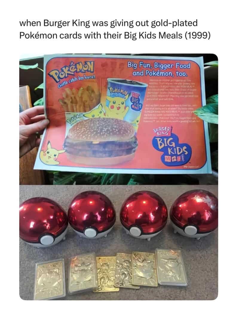 Pokémon Big Kids Meal promotional sign with burger, fries, Pikachu cup, and four Poké Balls.